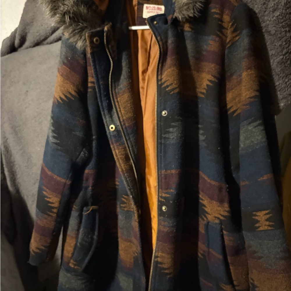 Patterned Coat with Fur Hood